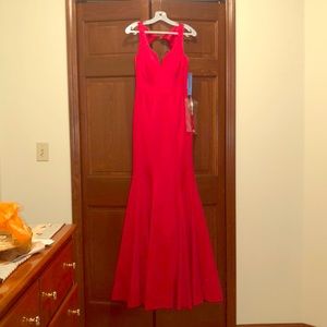 Long red prom dress with open back